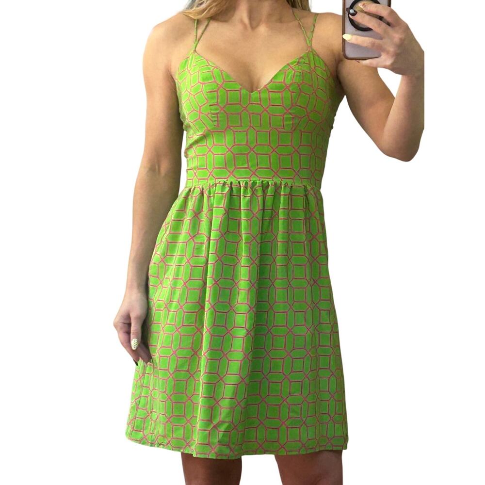Amanda Uprichard Silk Halter Mini Dress Geometric Pink Green Size P